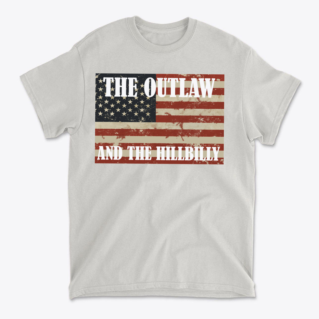 Patriotic Conservative Apparel for Men featuring a graphic tee with the Outlaw and the Hillbilly design and American flag.