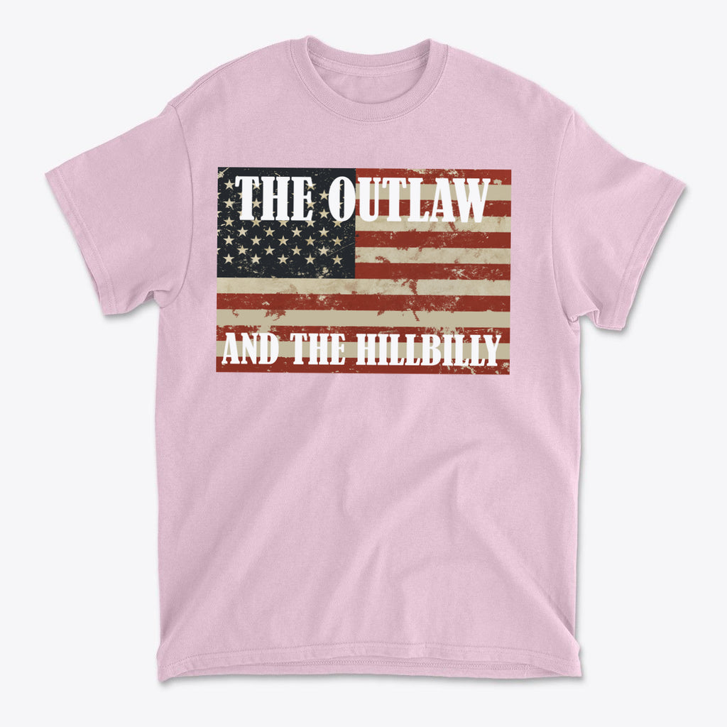 Patriotic Conservative Apparel for Men featuring The Outlaw and The Hillbilly graphic on a pink t-shirt.