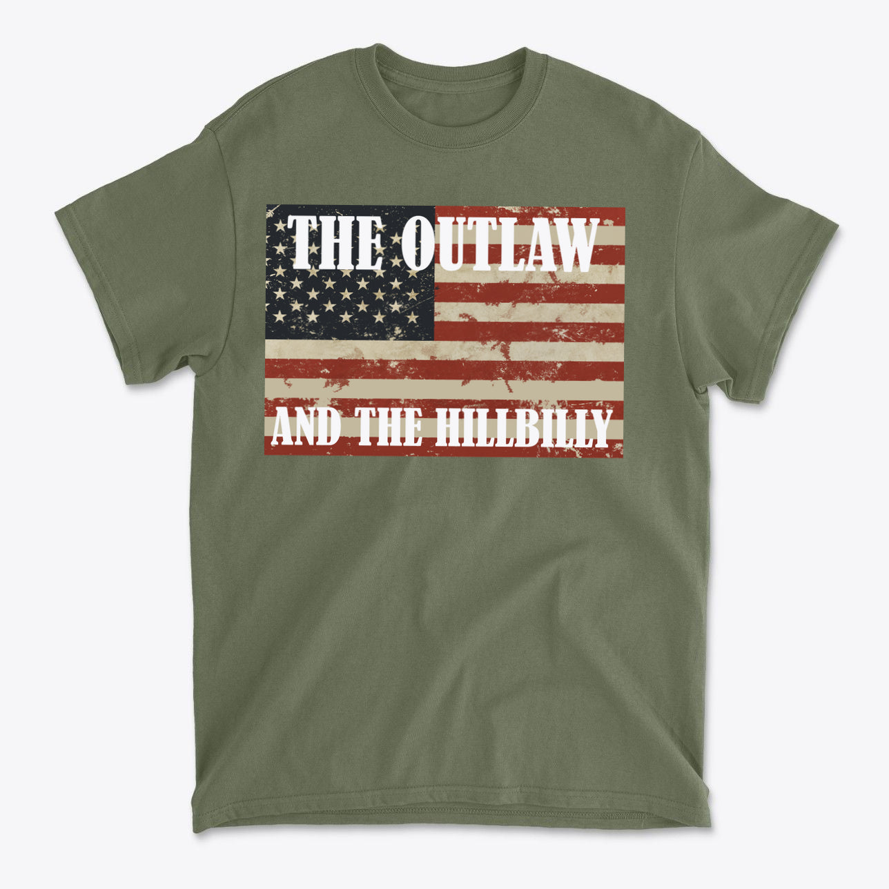 Patriotic Conservative Apparel for Men featuring an American flag design with the text 'The Outlaw and the Hillbilly'.