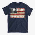 Patriotic Conservative Apparel for Men featuring a navy t-shirt with an American flag design and the text 'THE OUTLAW AND THE HILLBILLY'.