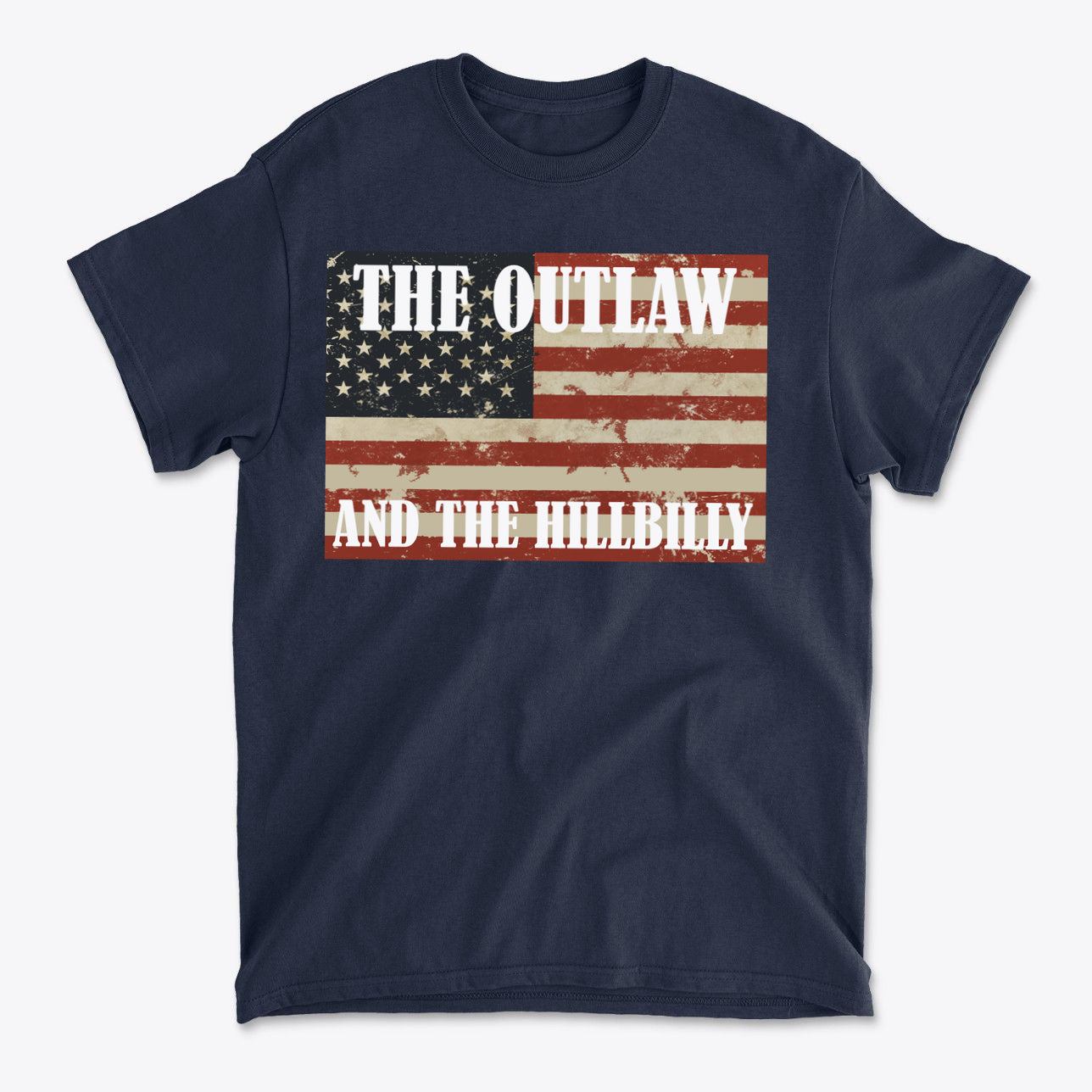 Patriotic Conservative Apparel for Men featuring a navy t-shirt with an American flag design and the text 'THE OUTLAW AND THE HILLBILLY'.
