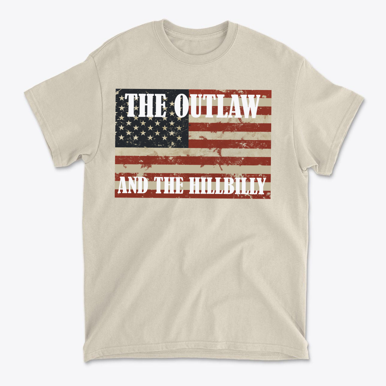 Patriotic Conservative Apparel for Men featuring a distressed American flag design with text The Outlaw and The Hillbilly.
