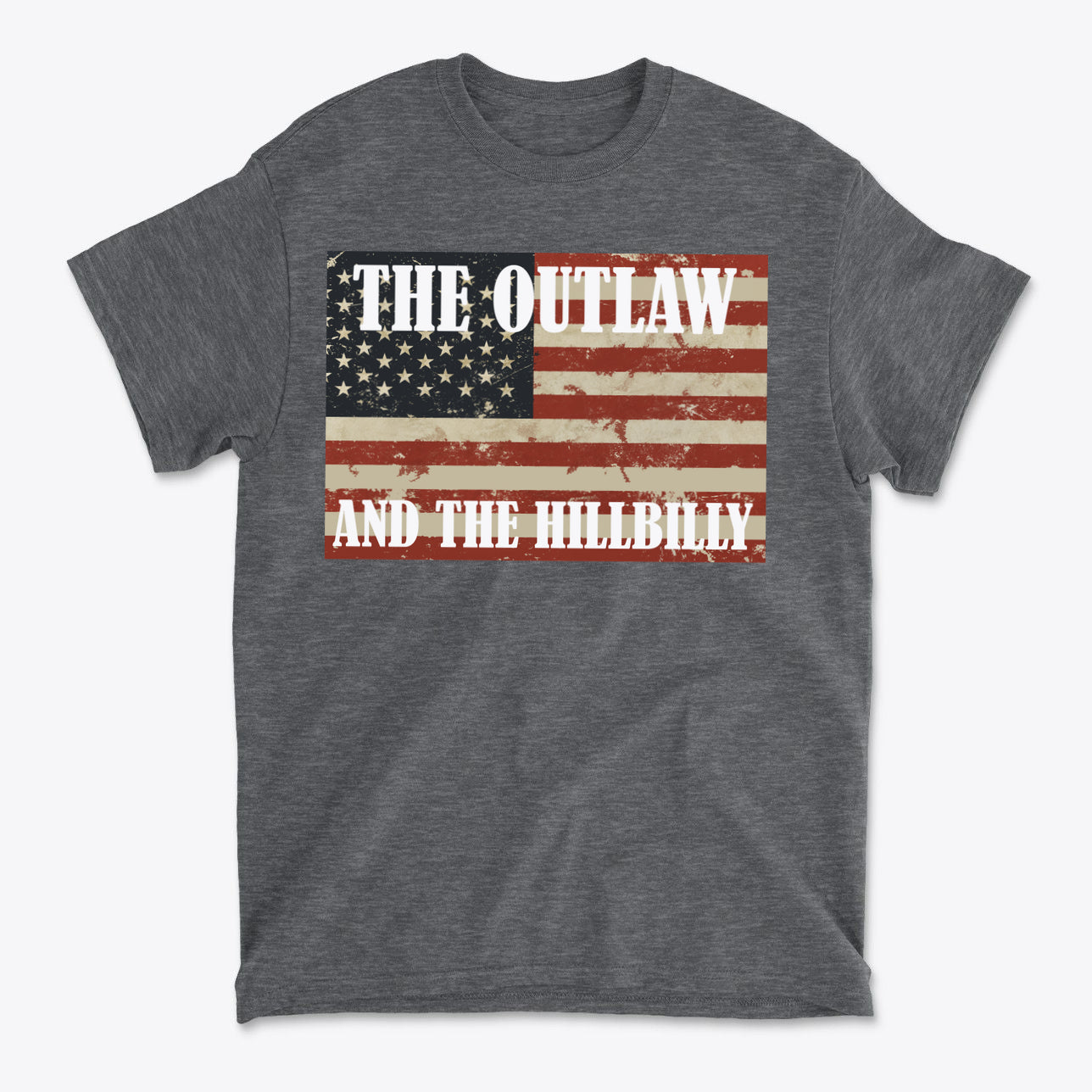 Patriotic Conservative Apparel for Men featuring a graphic tee with an American flag design and the phrase 'The Outlaw and the Hillbilly'.