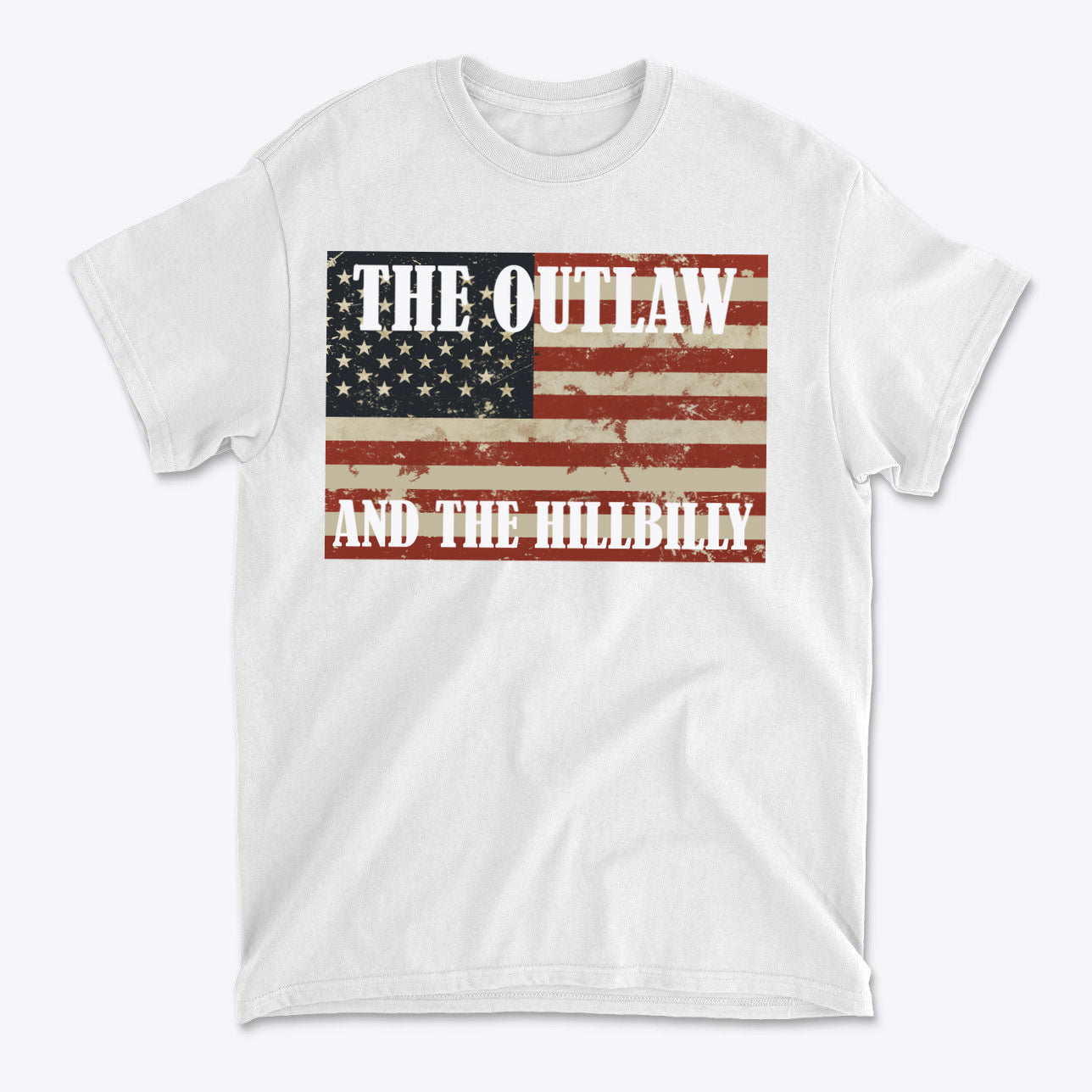 Patriotic Conservative Apparel for Men featuring 'The Outlaw and The Hillbilly' graphic tee with American flag design.