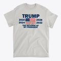 Trump The Returns Of My President t-shirt featuring years of 2016, 2024, 2028, and 2032 with an American flag design.