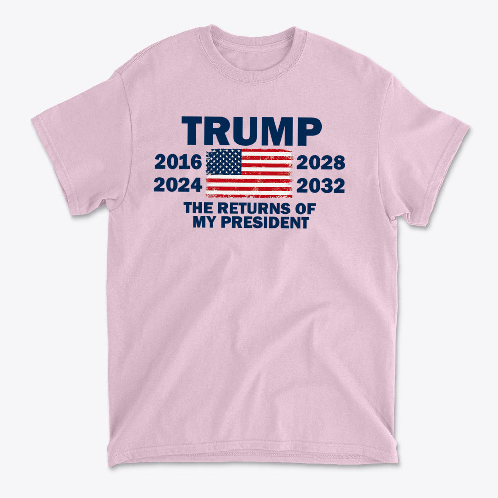 Trump The Returns Of My President t-shirt design featuring years, American flag, and bold text.