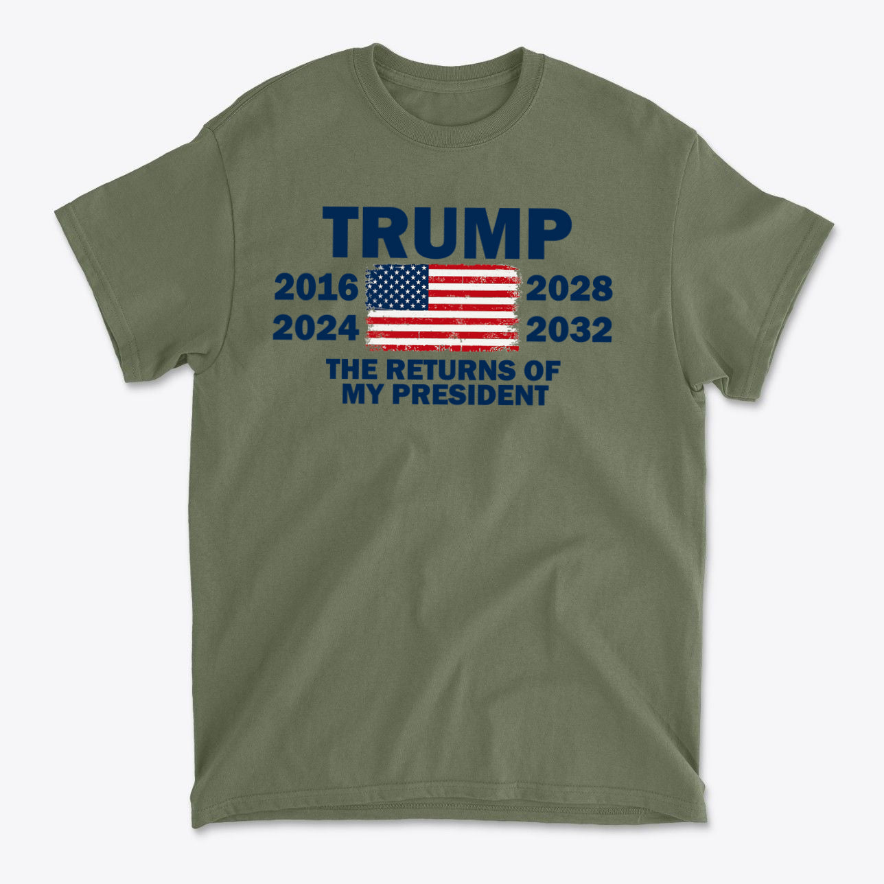 Trump The Returns Of My President t-shirt featuring key years and American flag design.