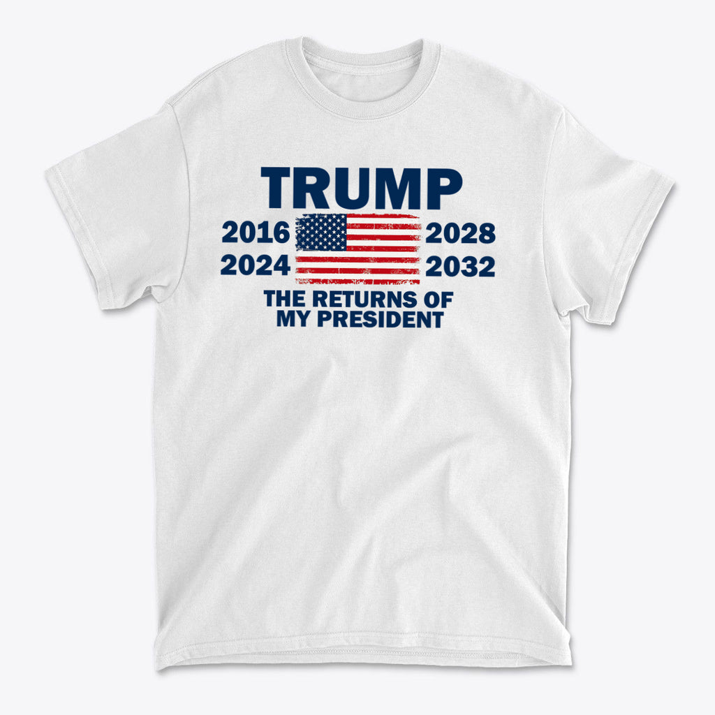Trump The Returns Of My President t-shirt featuring important election years and an American flag.