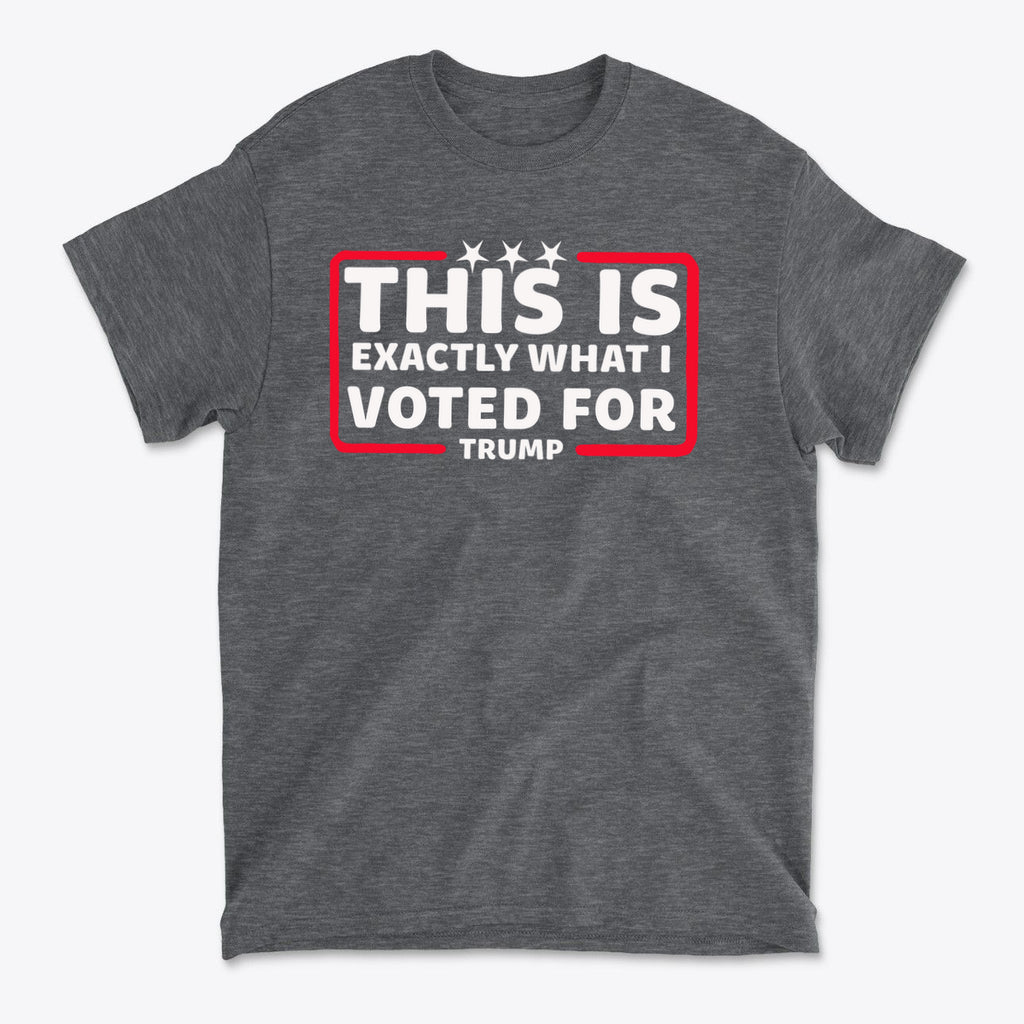 Gray t-shirt featuring the phrase 'THIS IS EXACTLY WHAT I VOTED FOR' with a Trump theme, perfect for political supporters.