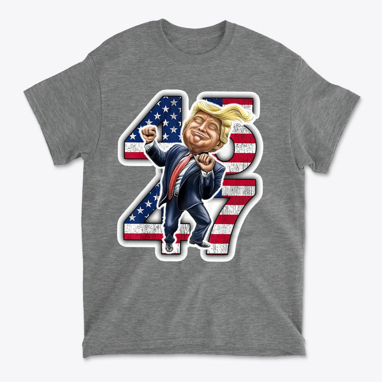 Trump Dancing 45 47 Collectible Design graphic on a grey t-shirt featuring patriotic colors and a playful caricature.