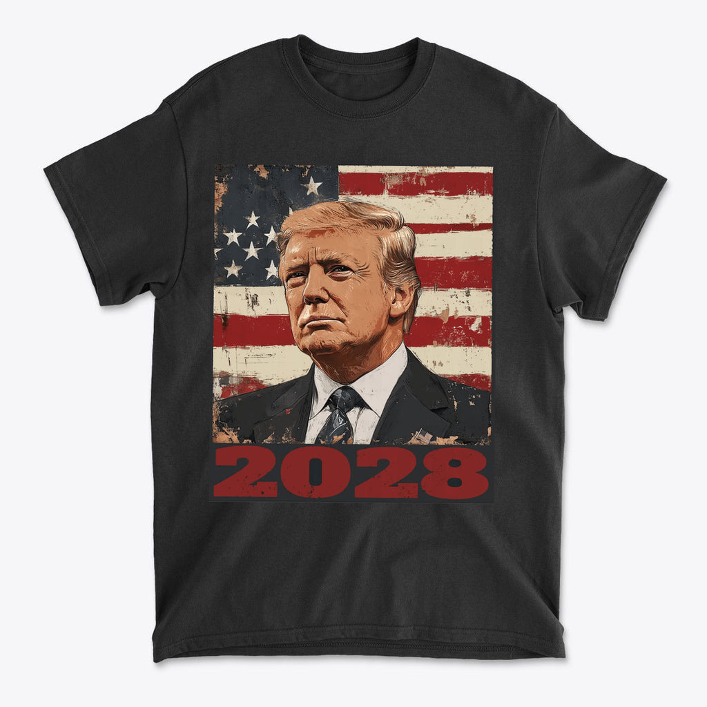 Trump 2028 US Flag Apparel Style featuring a portrait of Trump with an American flag background and bold 2028 lettering.