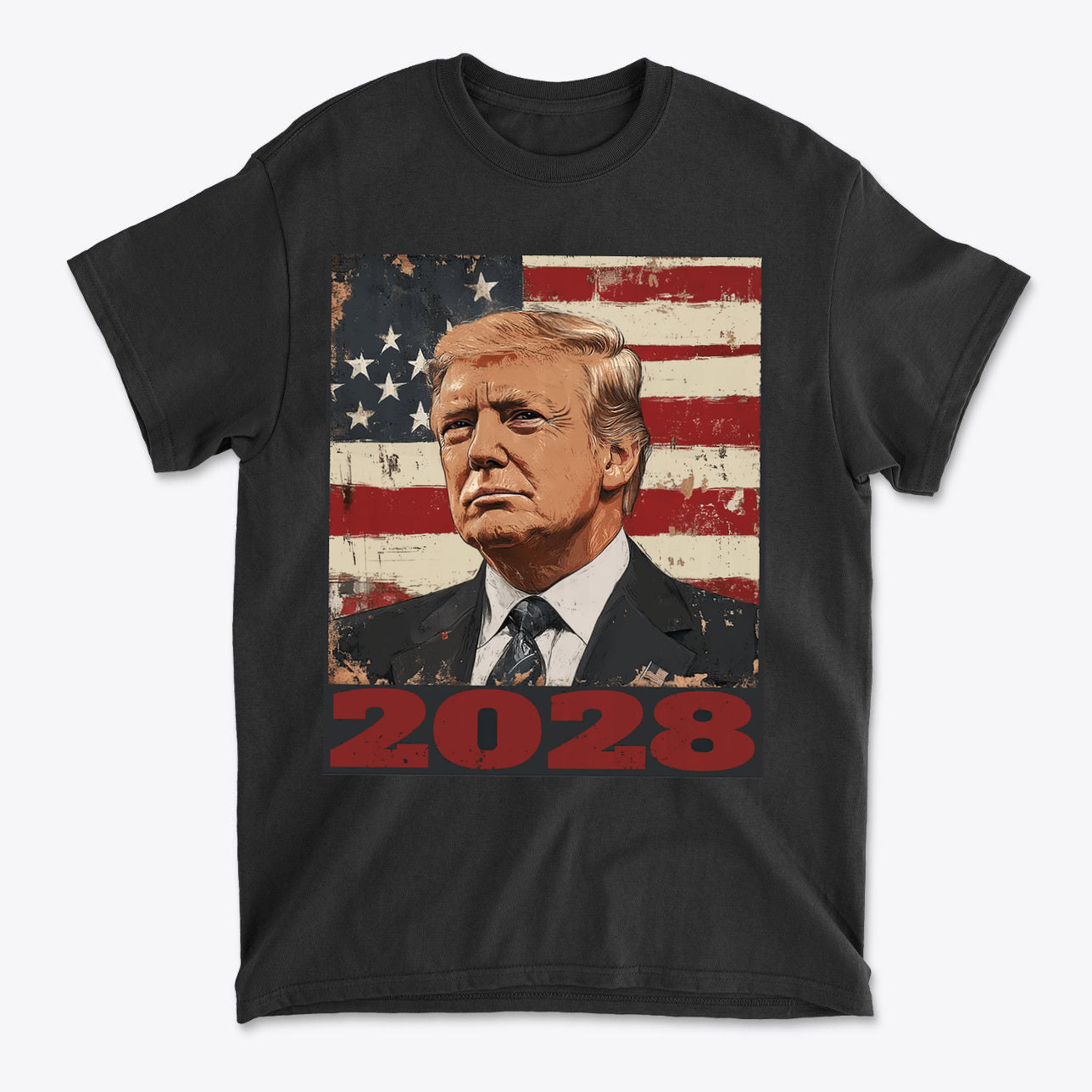 Trump 2028 US Flag Apparel Style featuring a portrait of Trump with an American flag background and bold 2028 lettering.