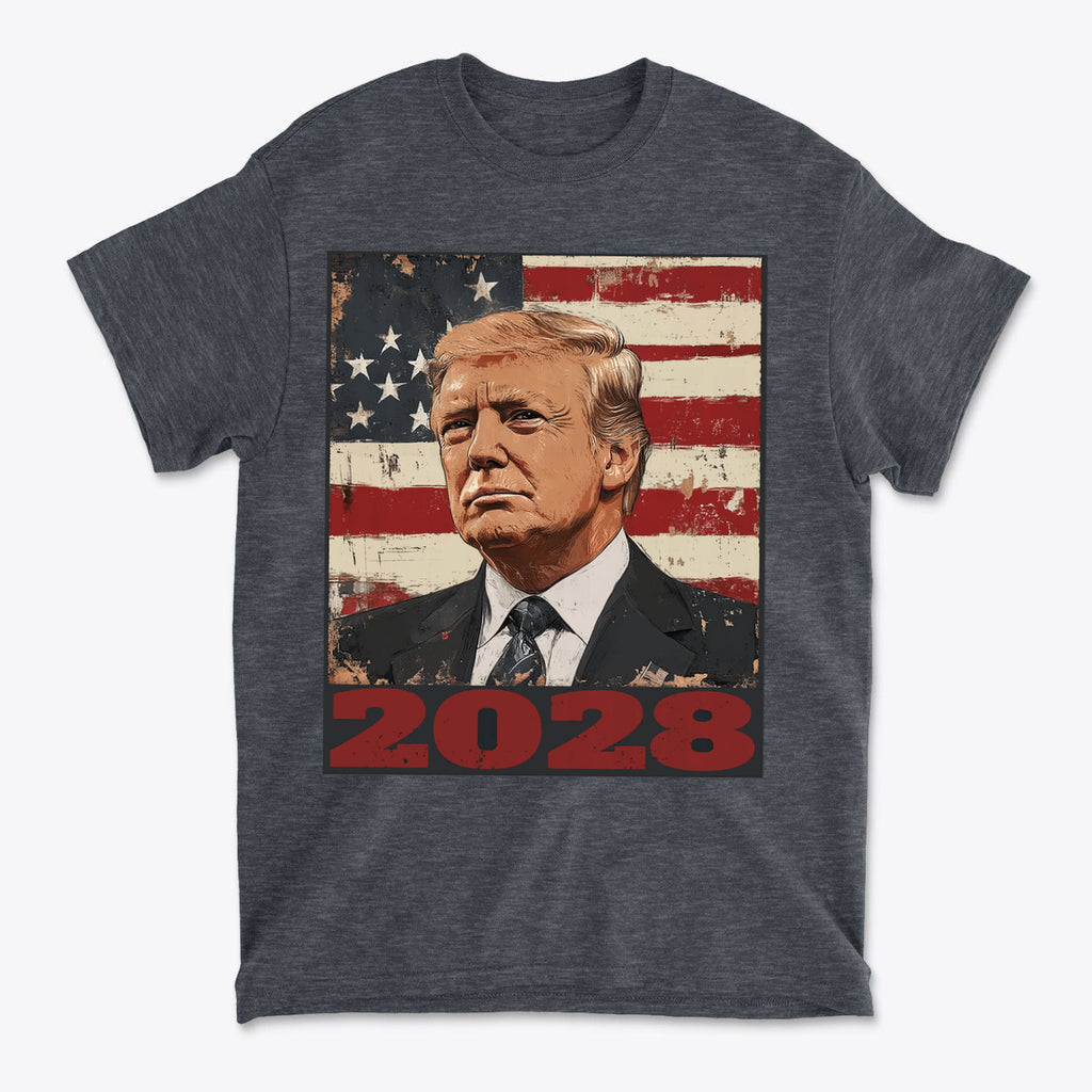 Trump 2028 US Flag Apparel Style featuring a portrait of Trump against a US flag background on a tee.