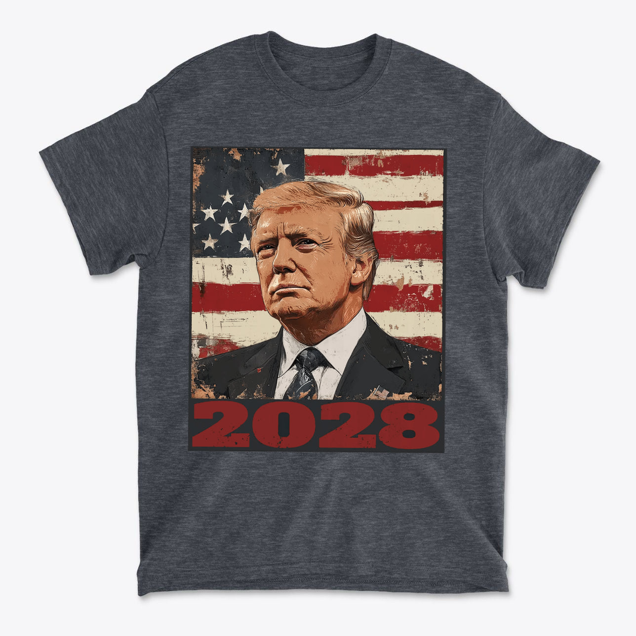 Trump 2028 US Flag Apparel Style featuring a portrait of Trump against a US flag background on a tee.