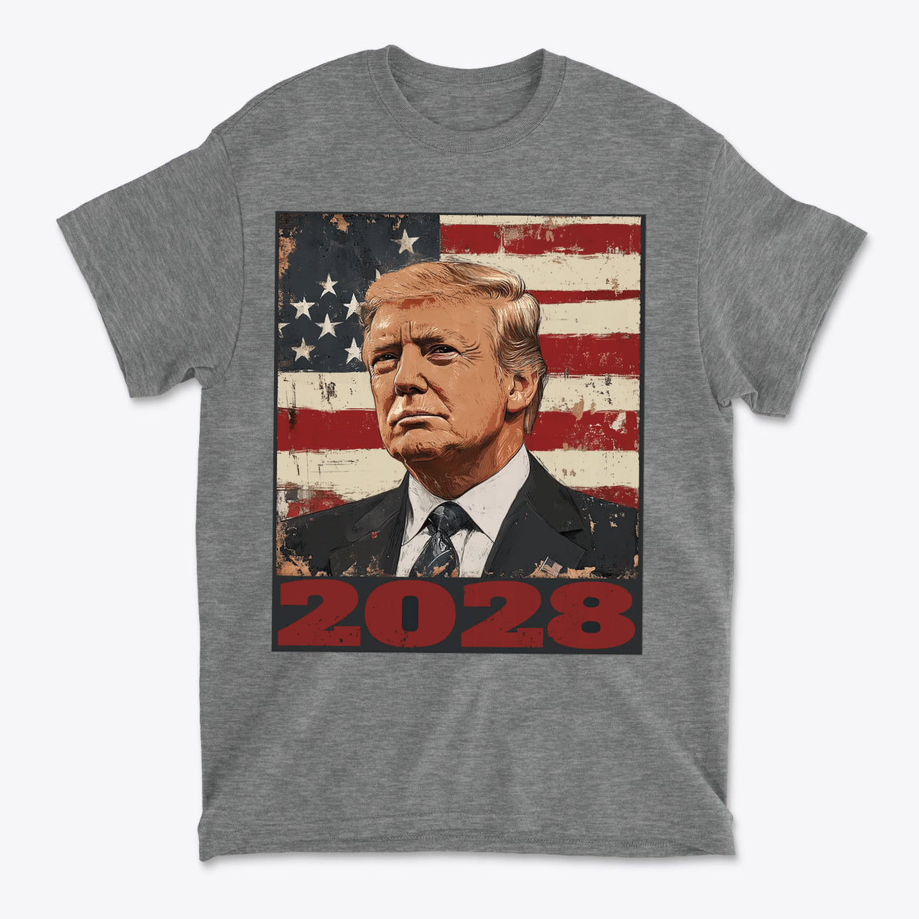 Trump 2028 US Flag Apparel Style featuring a graphic of Trump on a gray t-shirt with an American flag background.