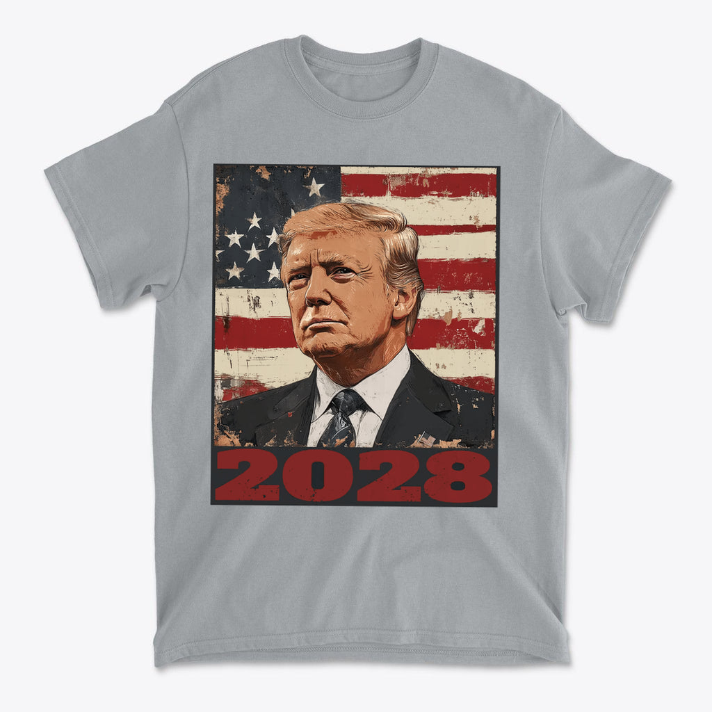 Trump 2028 US Flag Apparel Style t-shirt featuring a patriotic design and support for national ideals.