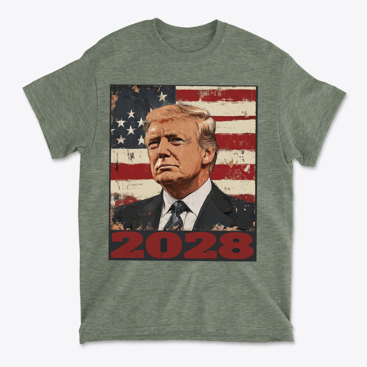 Trump 2028 US Flag Apparel Style featuring Trump's portrait and American flag backdrop.