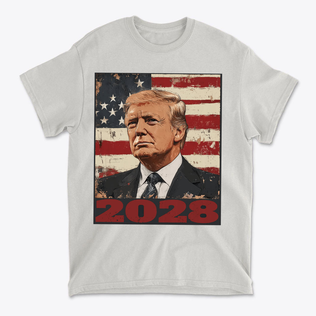 Trump 2028 US Flag Apparel Style featuring a graphic of Trump against an American flag background.