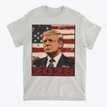 Trump 2028 US Flag Apparel Style featuring a graphic of Trump against an American flag background.