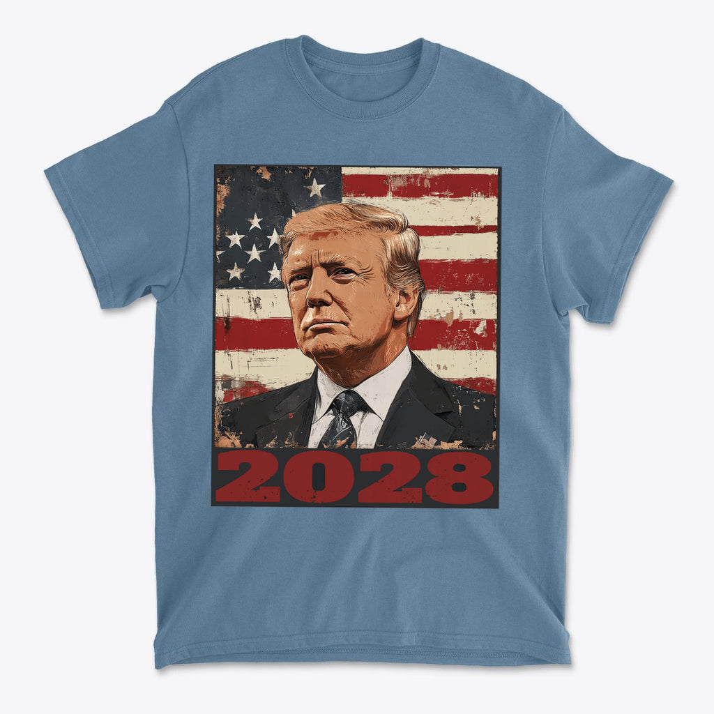 Trump 2028 US Flag Apparel Style t-shirt featuring vintage design with American flag and portrait of Donald Trump.