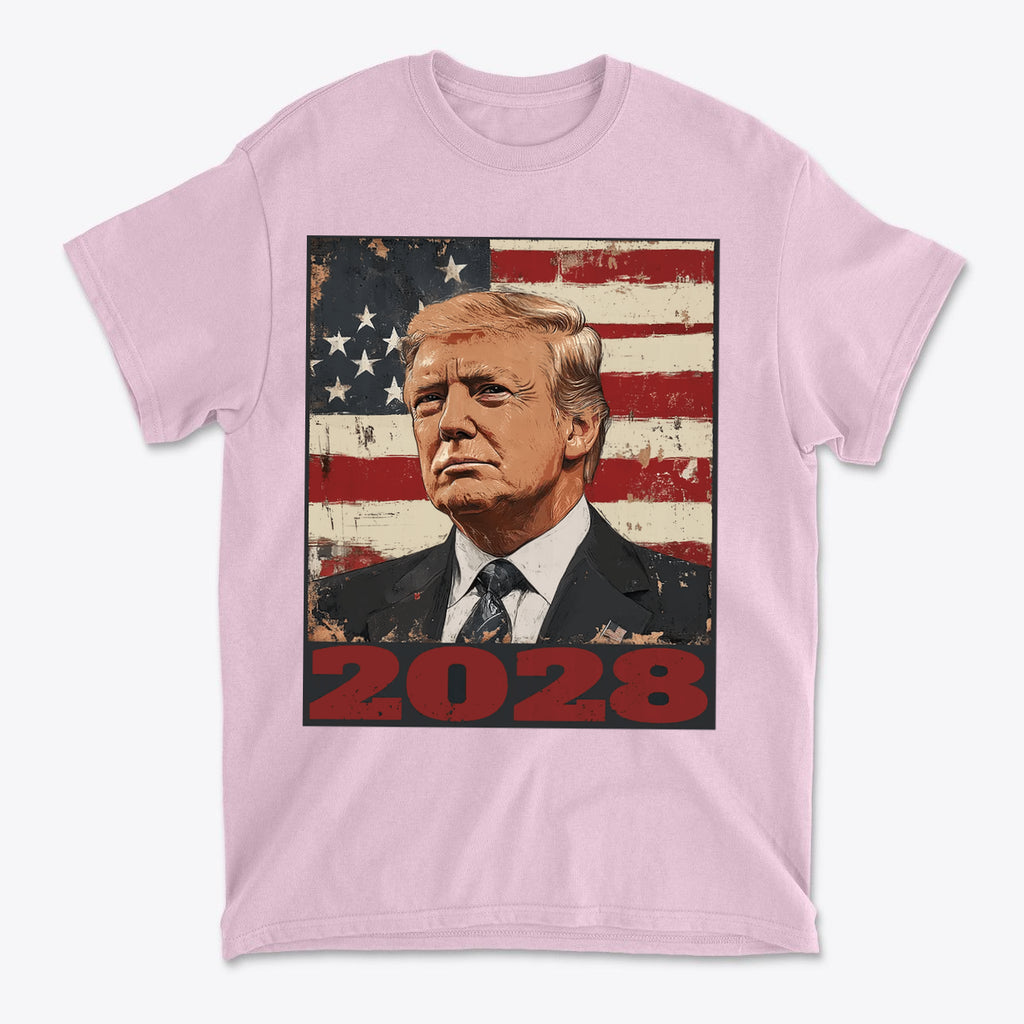 Trump 2028 US Flag Apparel Style t-shirt featuring Donald Trump and American flag design.