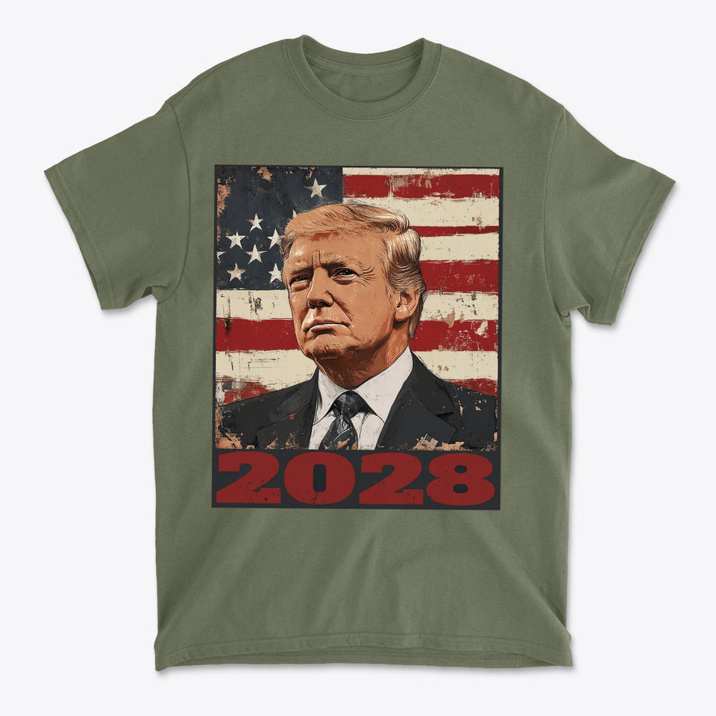 Trump 2028 US Flag Apparel Style t-shirt featuring patriotic design with American flag and bold 2028 text.