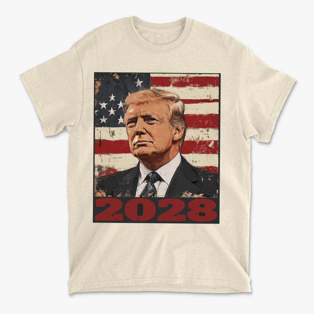 Trump 2028 US Flag Apparel Style featuring a graphic design with Donald Trump's portrait on a t-shirt.