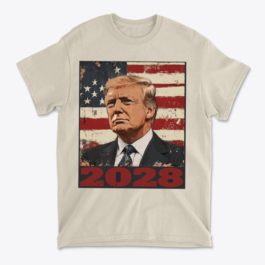 Trump 2028 US Flag Apparel Style featuring Donald Trump with an American flag background on a beige t-shirt.