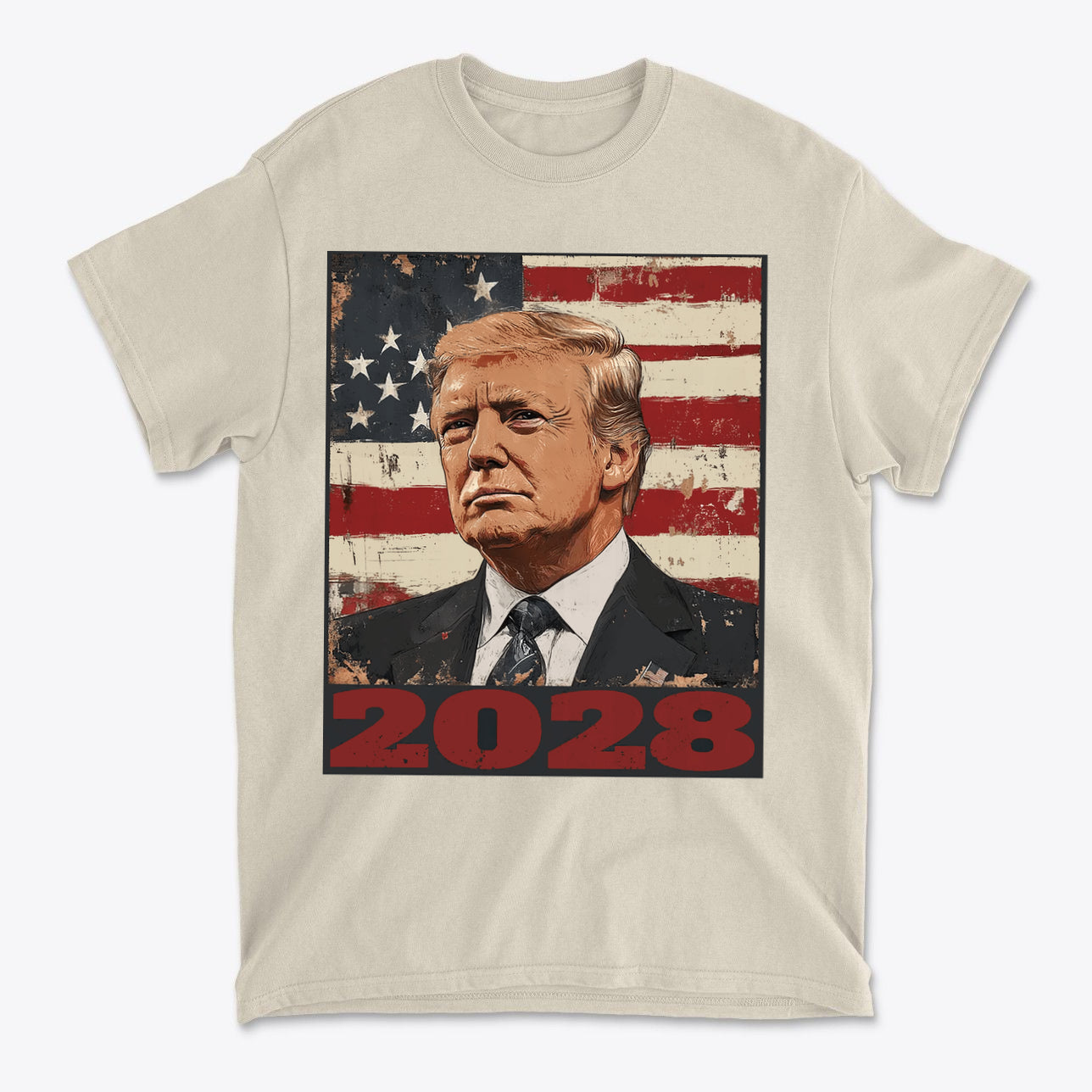 Trump 2028 US Flag Apparel Style featuring Donald Trump with an American flag background on a beige t-shirt.