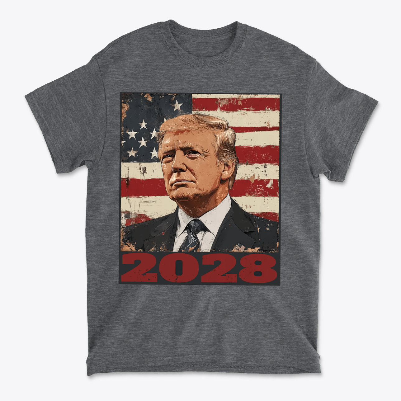Trump 2028 US Flag Apparel Style featuring a design with American flag and bold 2028 text.
