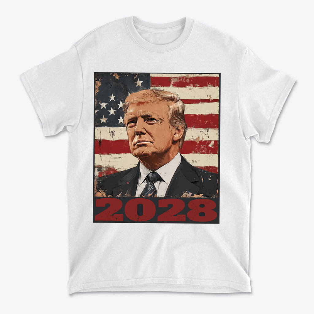 Trump 2028 US Flag Apparel Style t-shirt featuring Donald Trump in front of American flag with 2028.