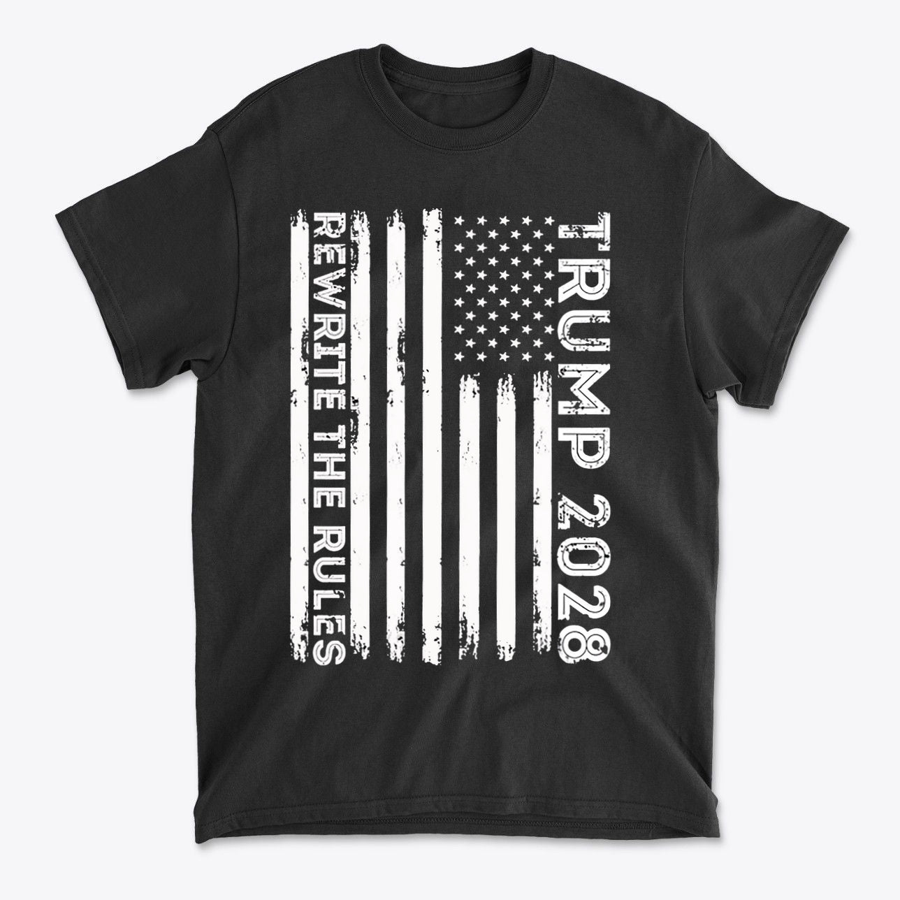 Trump 2028 Rewrite The Rules On Vertical American Flag black t-shirt with bold graphic design.