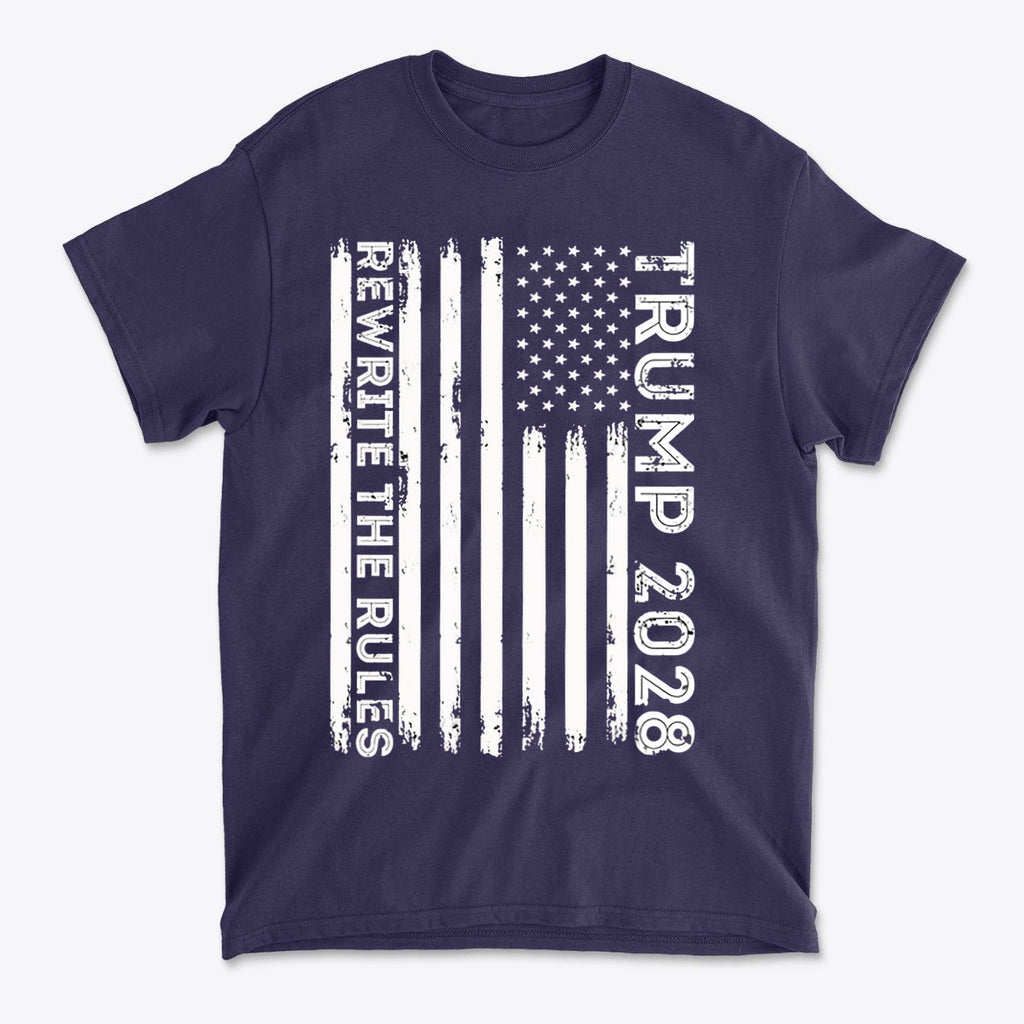 Trump 2028 Rewrite The Rules On Vertical American Flag navy t-shirt with distressed design.