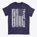 Trump 2028 Rewrite The Rules On Vertical American Flag navy t-shirt with distressed design.