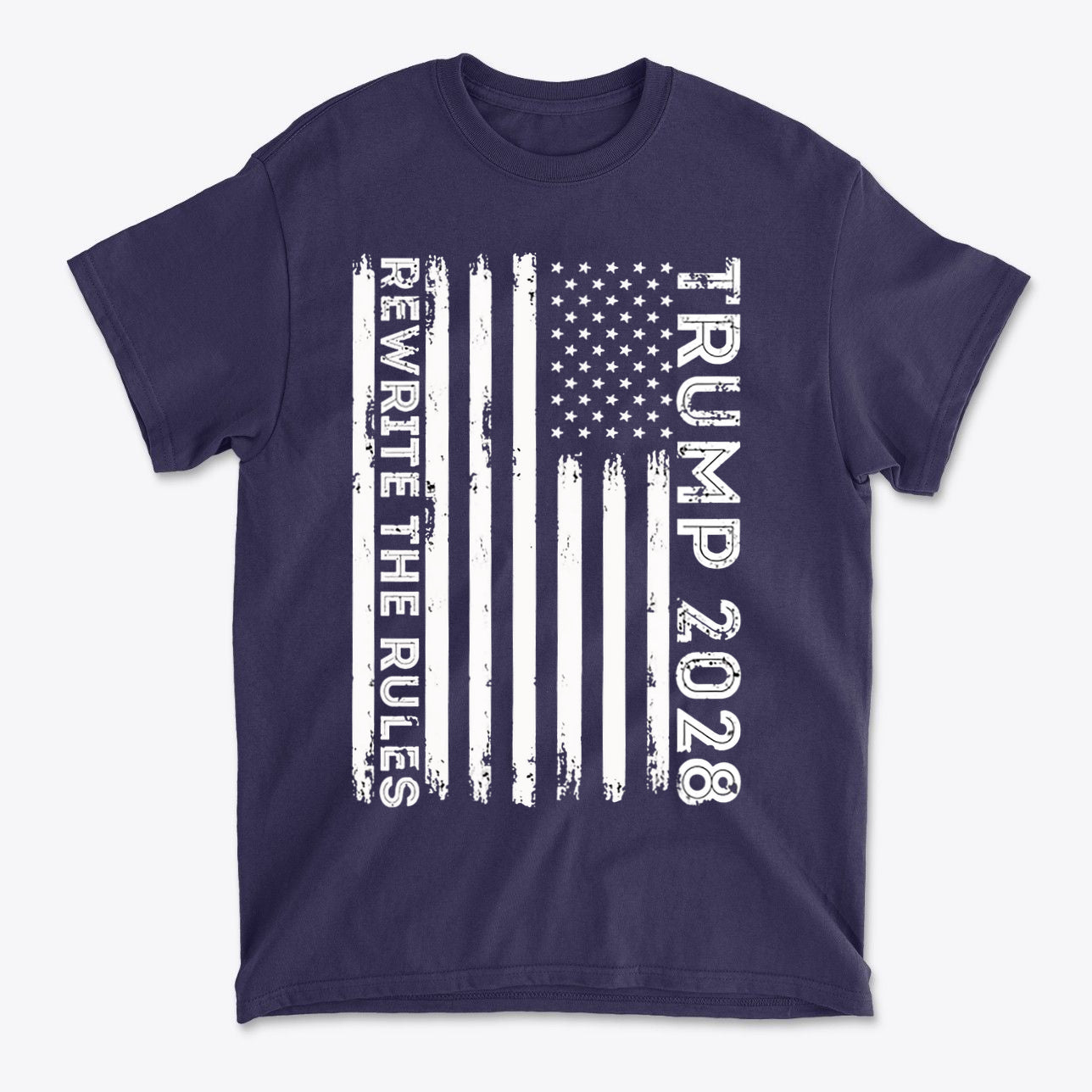 Trump 2028 Rewrite The Rules On Vertical American Flag navy t-shirt with distressed design.