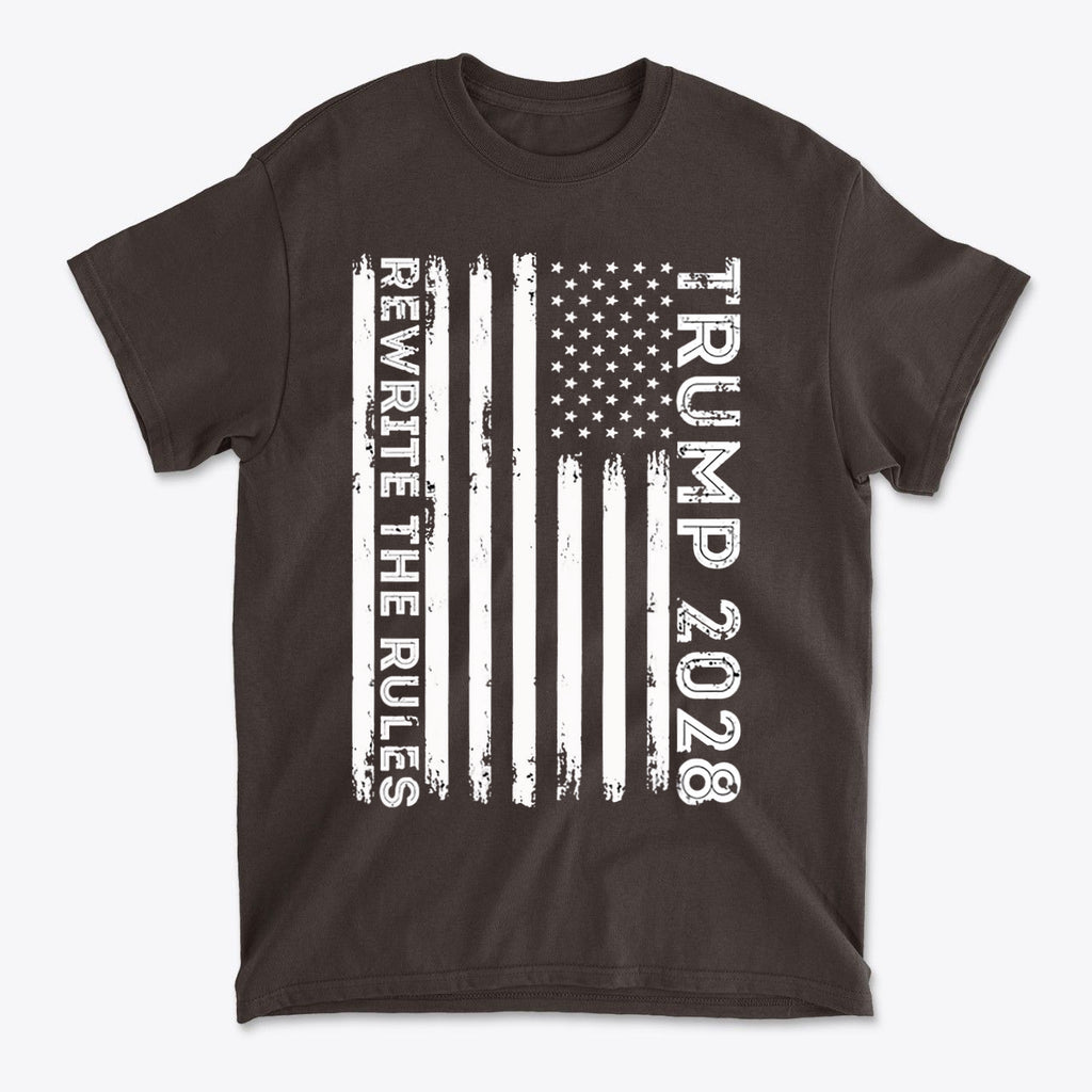 Trump 2028 Rewrite The Rules On Vertical American Flag graphic t-shirt design with distressed flag and bold text.