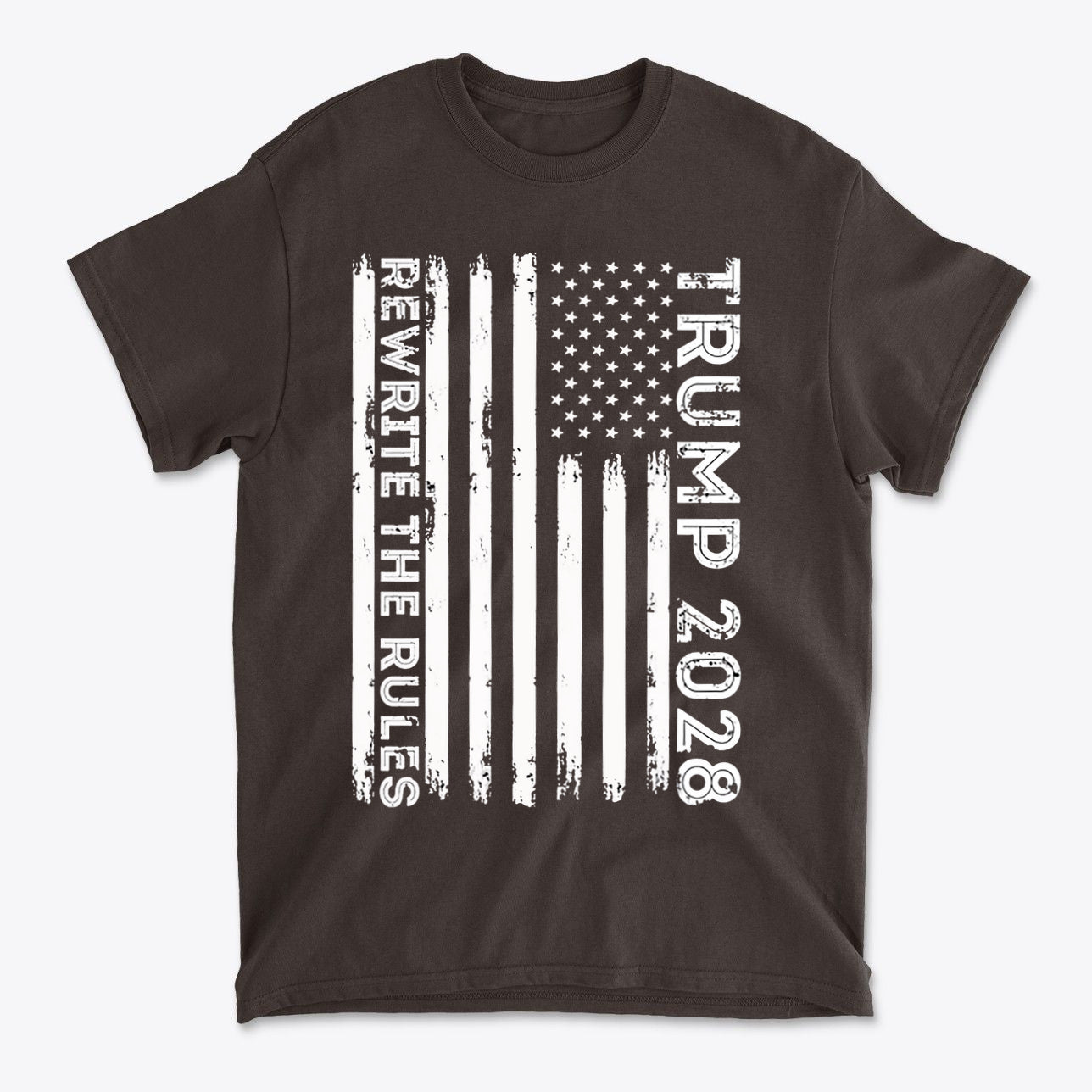 Trump 2028 Rewrite The Rules On Vertical American Flag graphic t-shirt design with distressed flag and bold text.