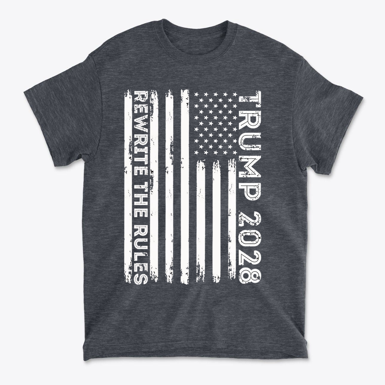 Trump 2028 Rewrite The Rules On Vertical American Flag graphic t-shirt design with distressed flag.