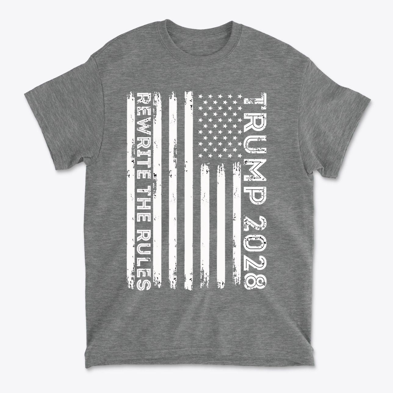 Trump 2028 Rewrite The Rules On Vertical American Flag t-shirt featuring distressed design on a gray background.
