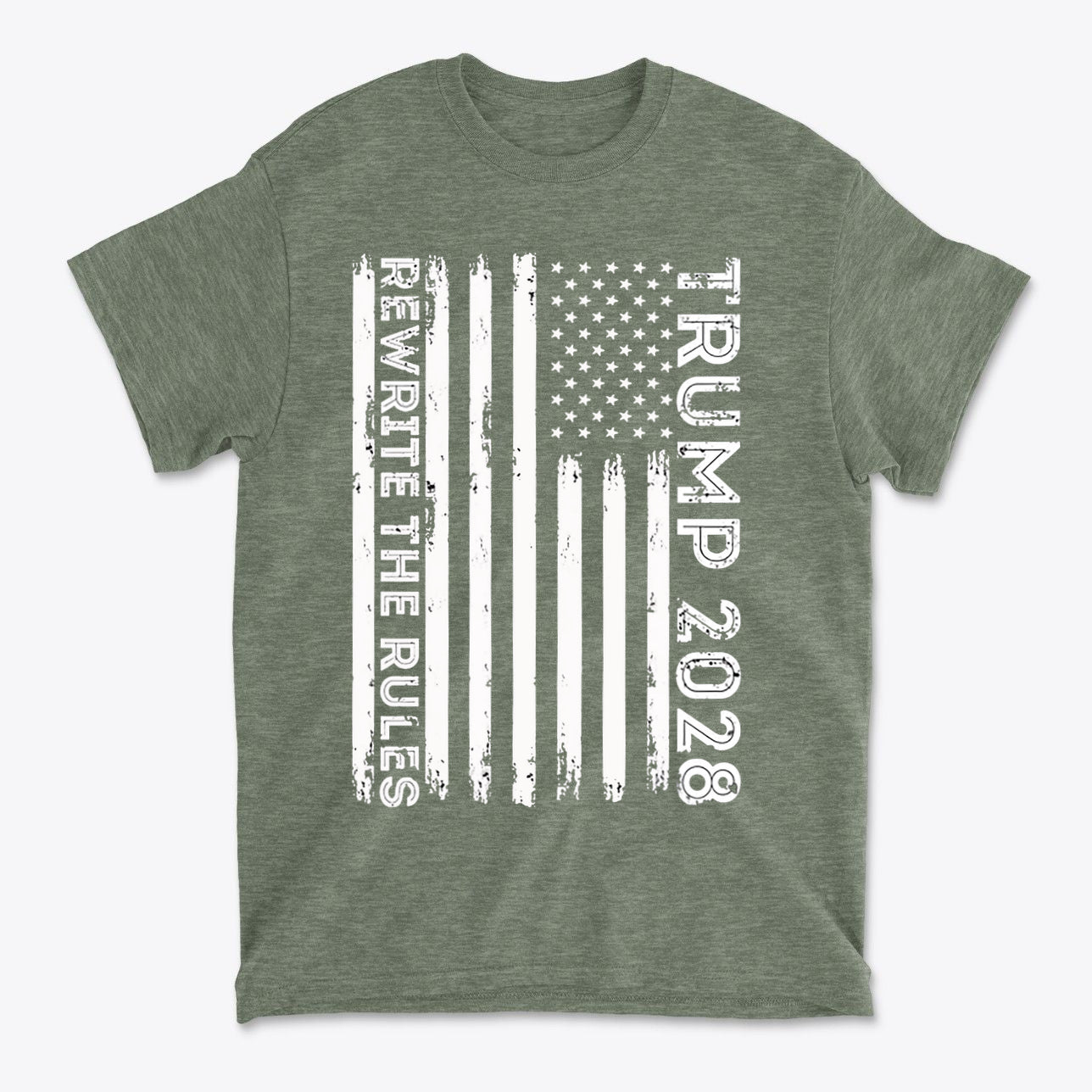 Trump 2028 Rewrite The Rules On Vertical American Flag graphic t-shirt with distressed design and American flag.
