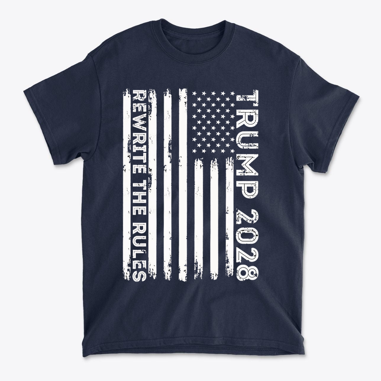 Trump 2028 Rewrite The Rules On Vertical American Flag navy t-shirt with distressed design and patriotic message.