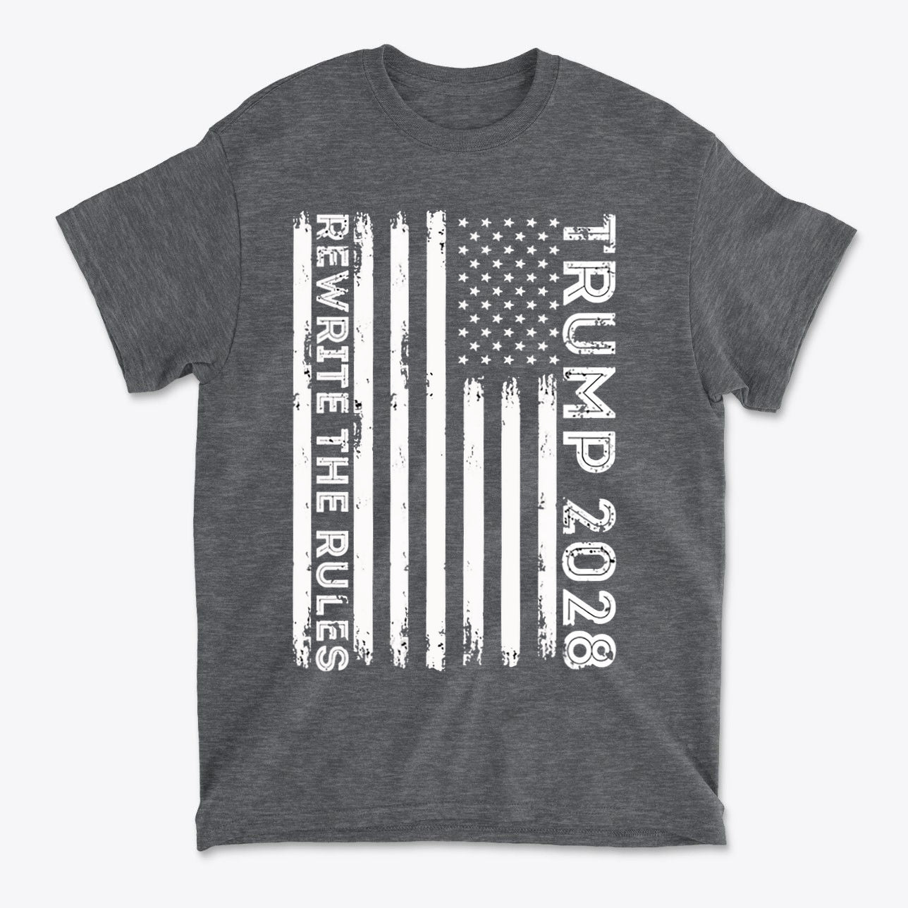 Trump 2028 Rewrite The Rules On Vertical American Flag graphic t-shirt design with distressed flag pattern.