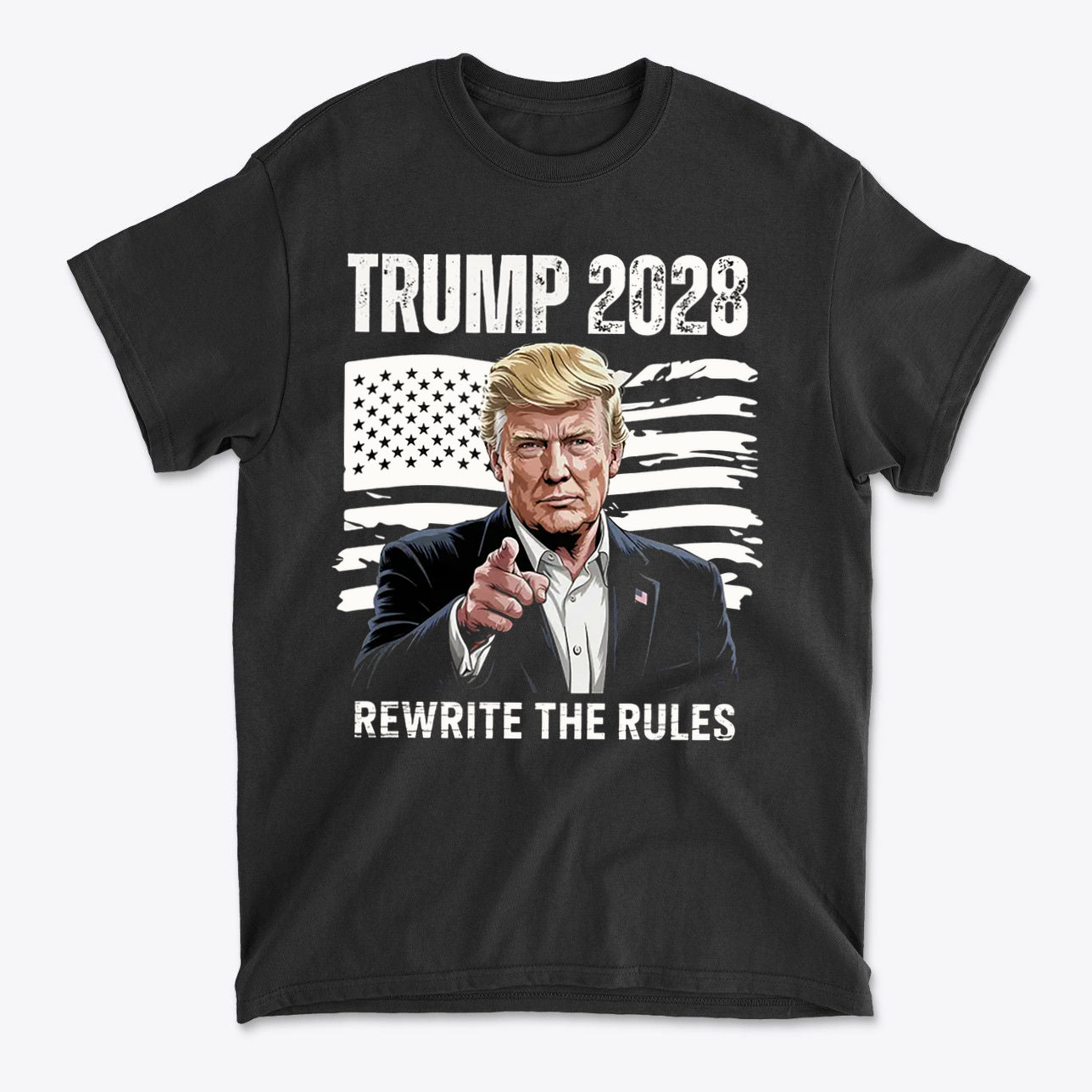 Trump 2028 On American Flag Rewrite The Rules graphic tee featuring patriotic design and bold text.