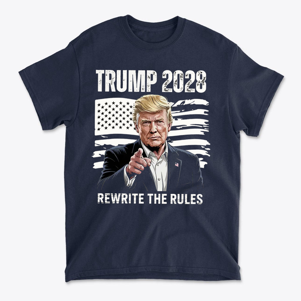 Trump 2028 On American Flag Rewrite The Rules apparel featuring Trump pointing with patriotic background.