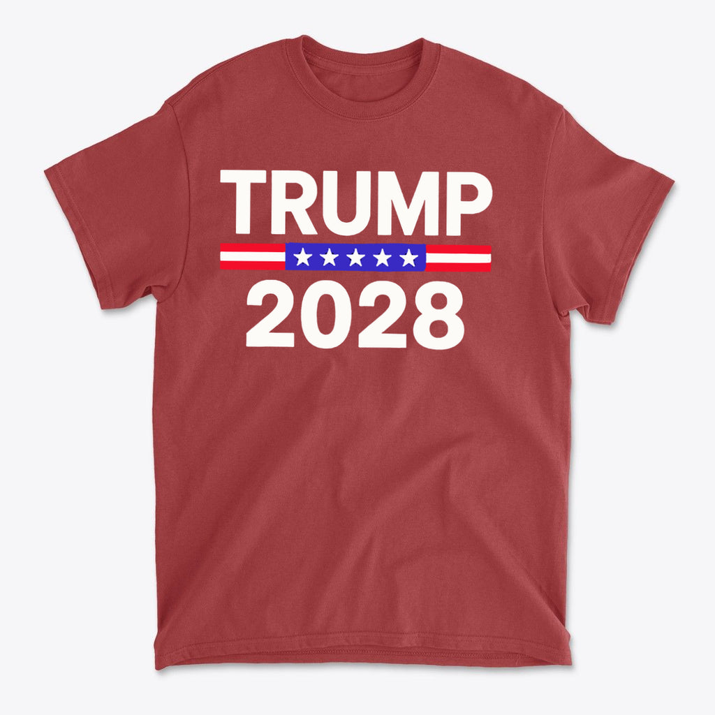 Trump 2028 Stars Stripes Graphic Tee in red color featuring bold lettering and patriotic design.