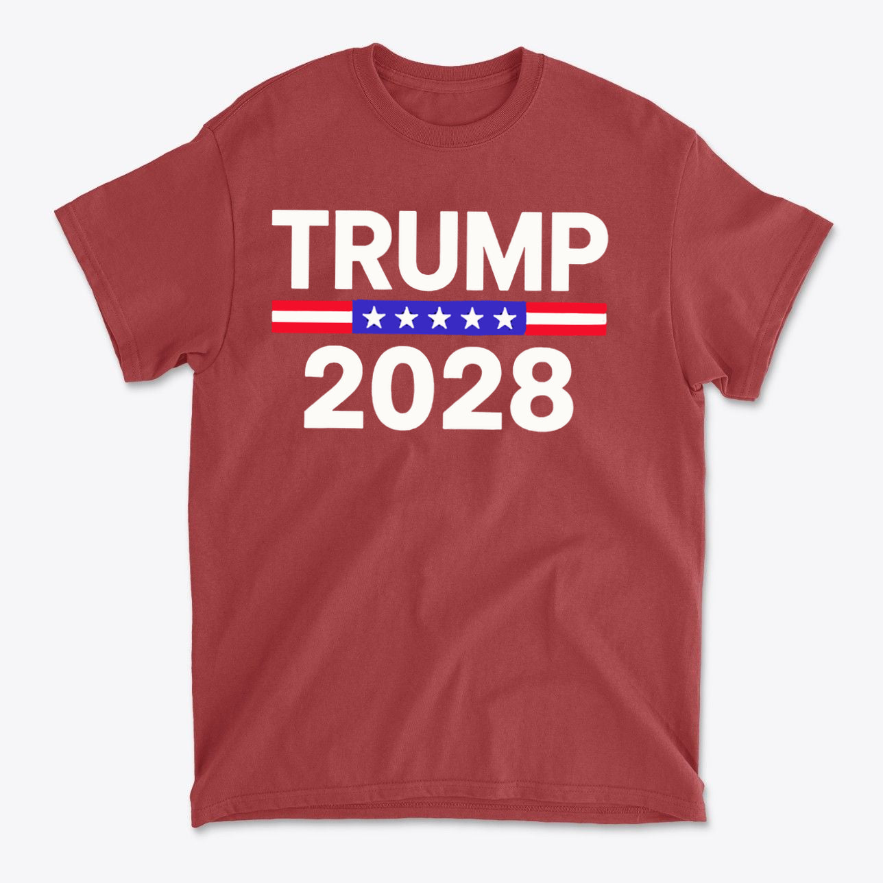 Trump 2028 Stars Stripes Graphic Tee in red color featuring bold lettering and patriotic design.