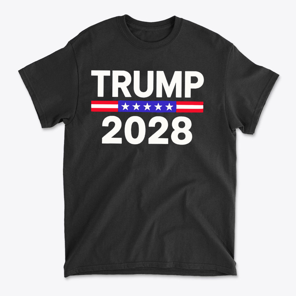 Trump 2028 Stars Stripes Graphic Tee featuring bold text on a black background.
