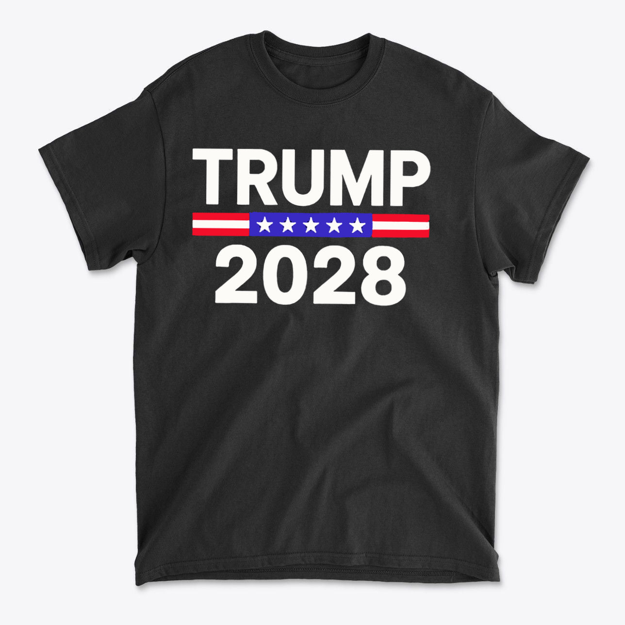 Trump 2028 Stars Stripes Graphic Tee featuring bold text on a black background.
