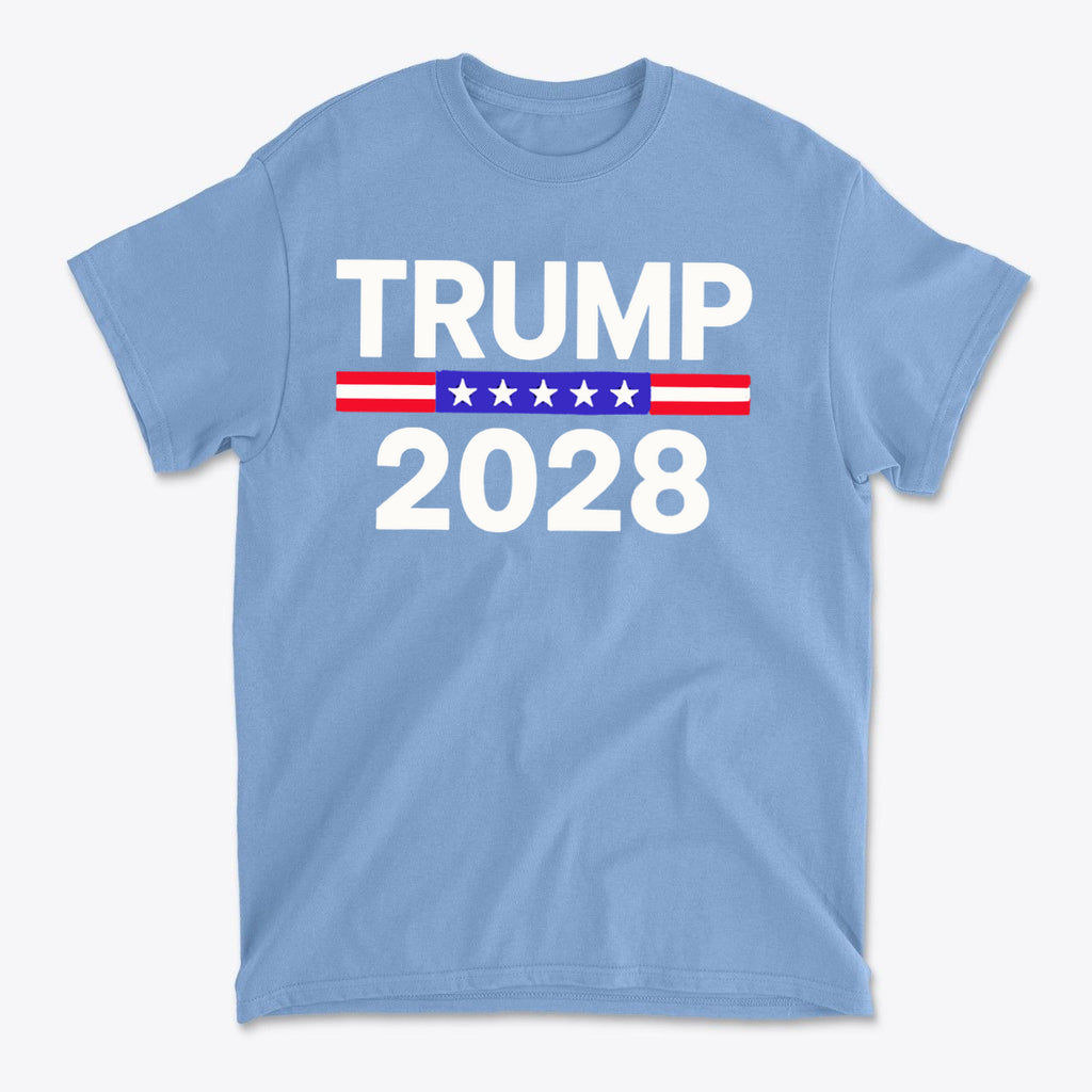Trump 2028 Stars Stripes Graphic Tee in blue featuring bold 'Trump 2028' text and stars and stripes design.