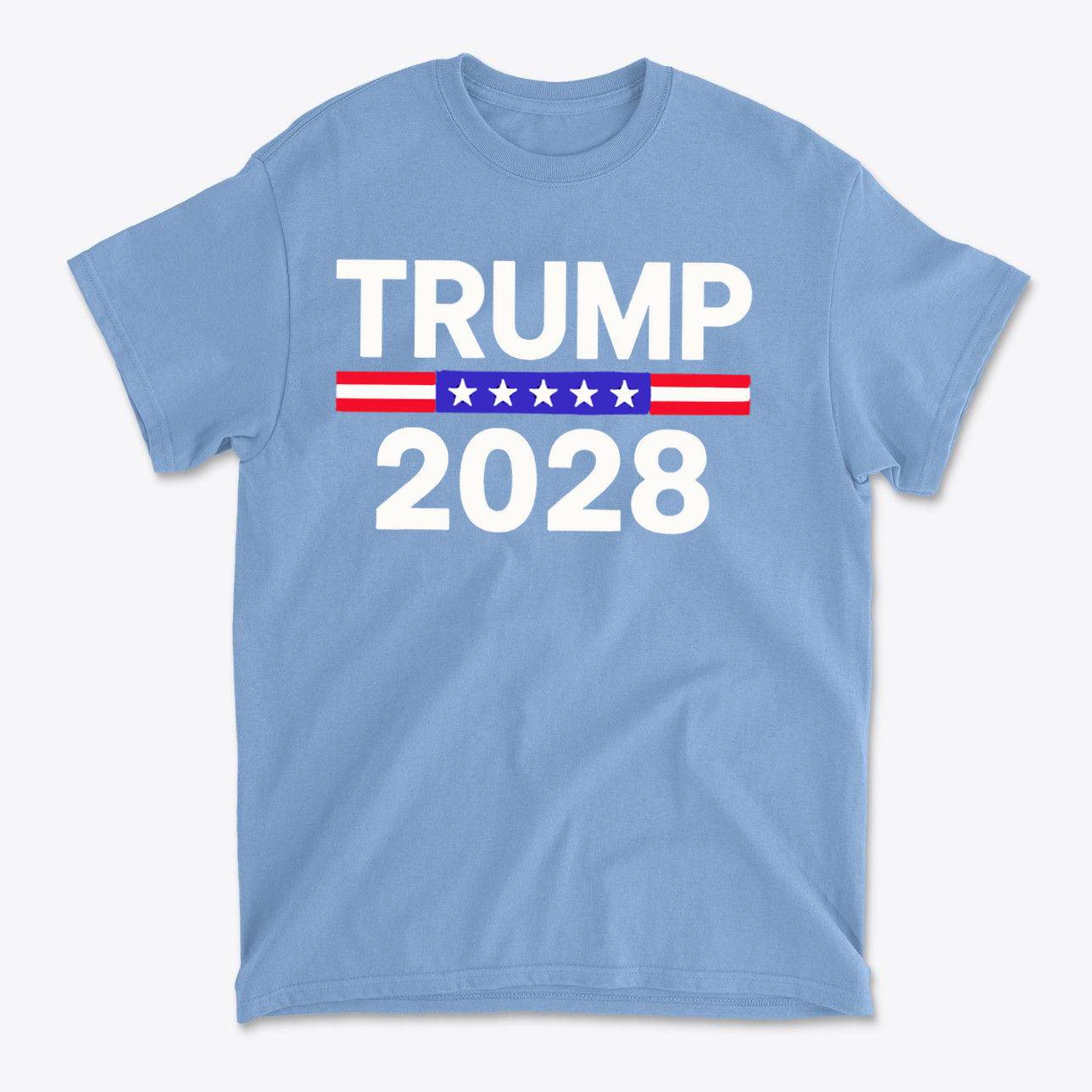 Trump 2028 Stars Stripes Graphic Tee in blue featuring bold 'Trump 2028' text and stars and stripes design.